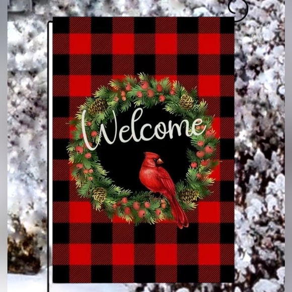 Winter Yard Garden Flag Cardinal Buffalo Check Plaid Wreath Welcome Lawn Flag - Picture 4 of 12